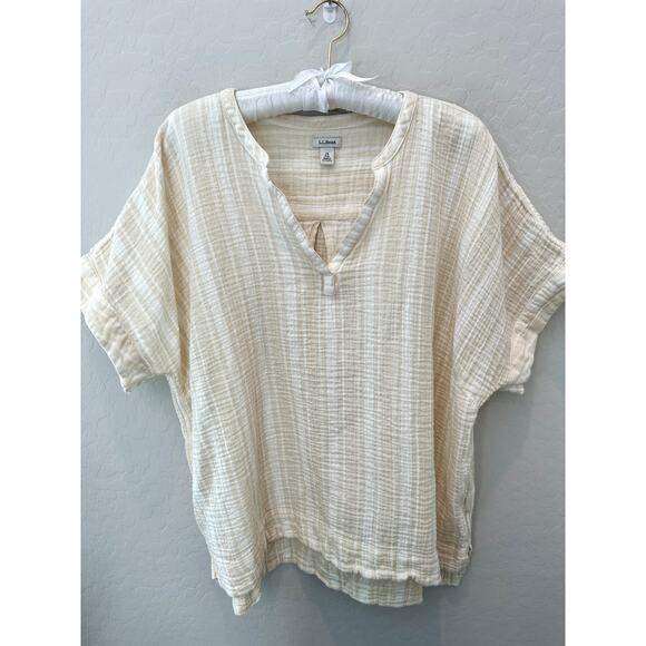 L.L. BEAN | Plus Crinkled Cotton Gauze Top V-Neck Pullover Beige Stripe | 2X - Picture 1 of 7